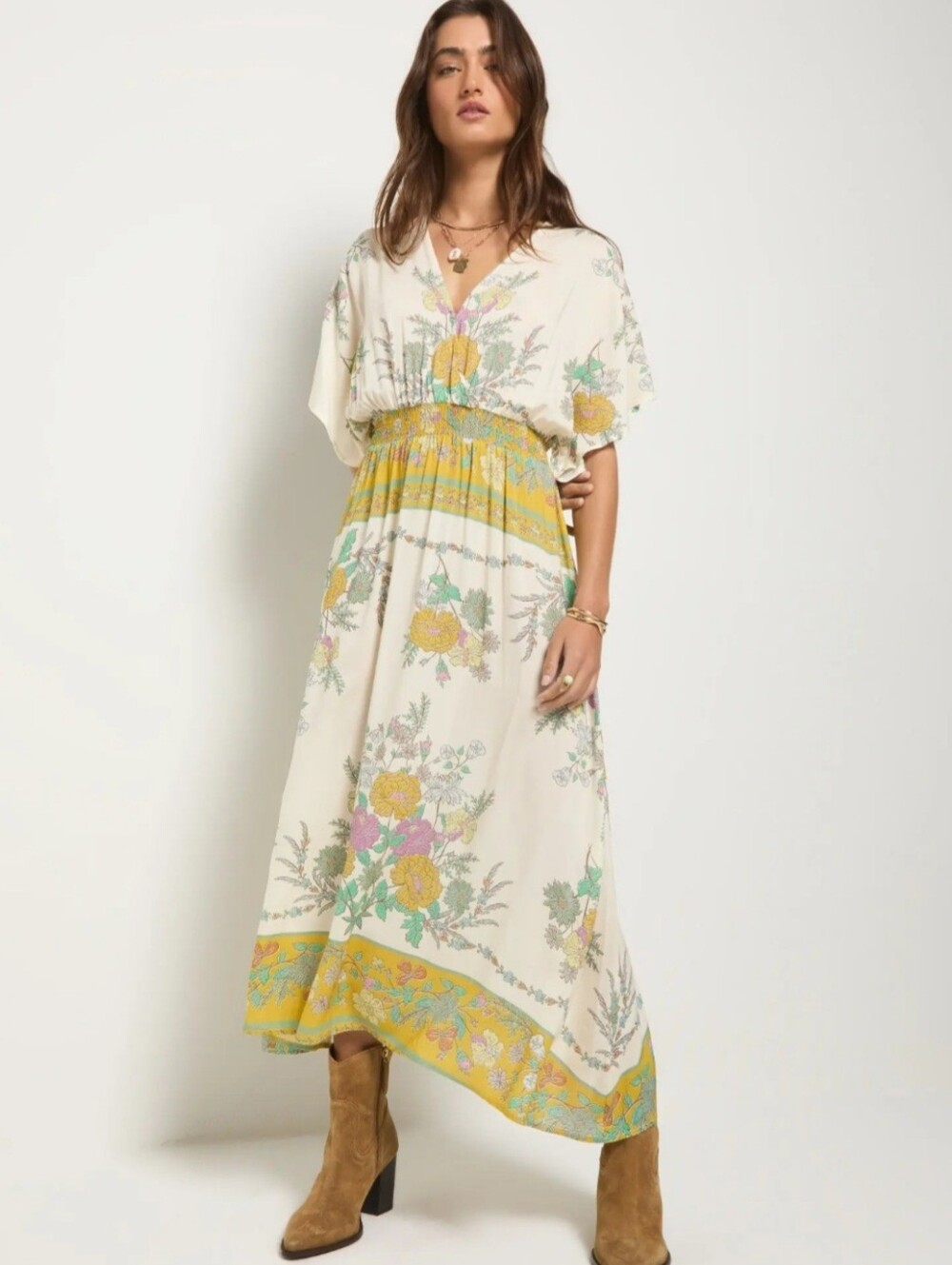 Boho Floral V-Neck Maxi Dress in Cream & Yellow Sz M